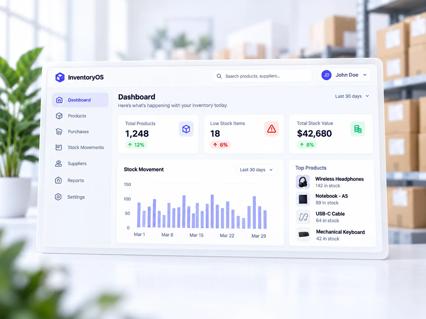 InventoryOS dashboard showing stock levels, low-stock alerts, and stock movement.